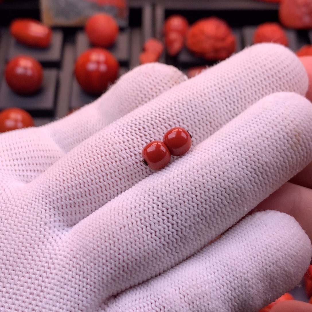 南红玛瑙未镶嵌川料原矿满色满肉柿子锦老型对珠6.8mm