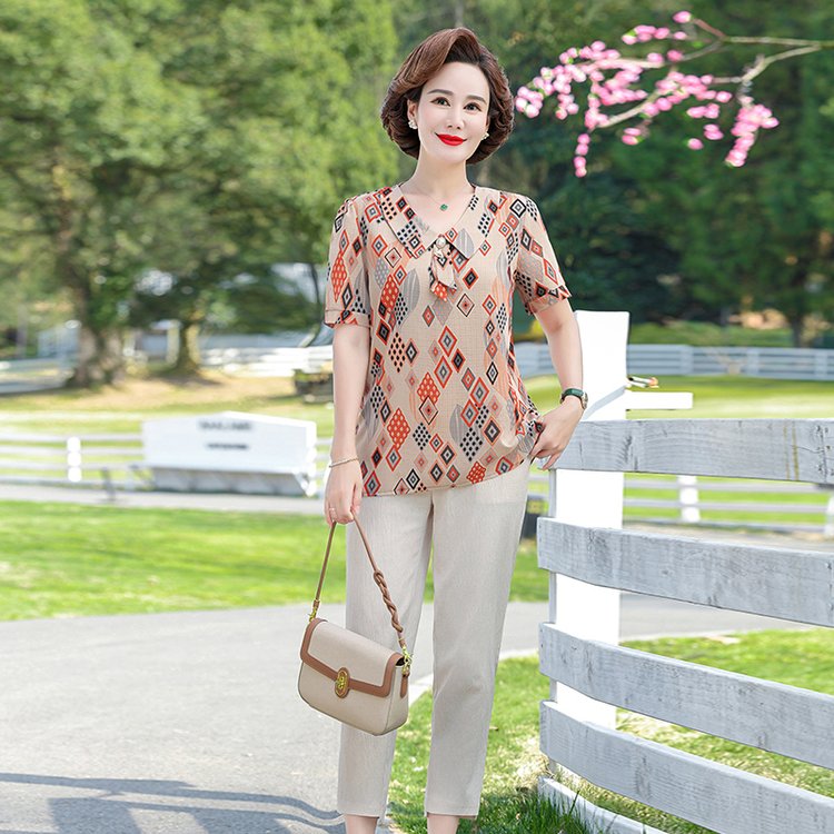 中老年人夏装套装洋气2025新款妈妈小衫上衣中年女装夏季短袖套装