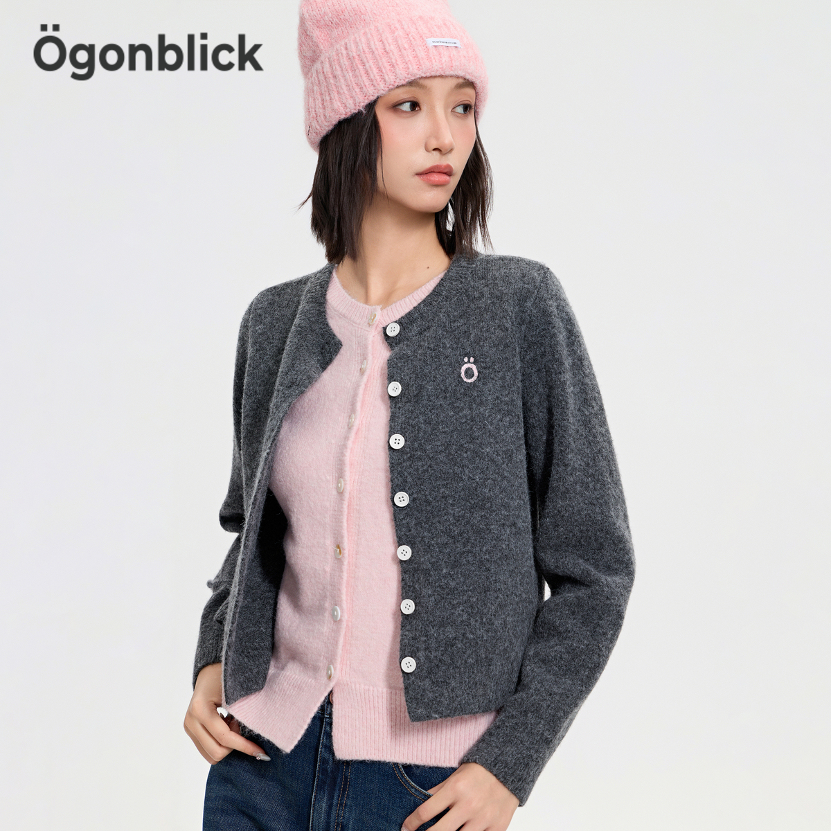 北欧时刻撞色拼接假两件含羊毛针织开衫女25年秋冬季新款毛衣外套