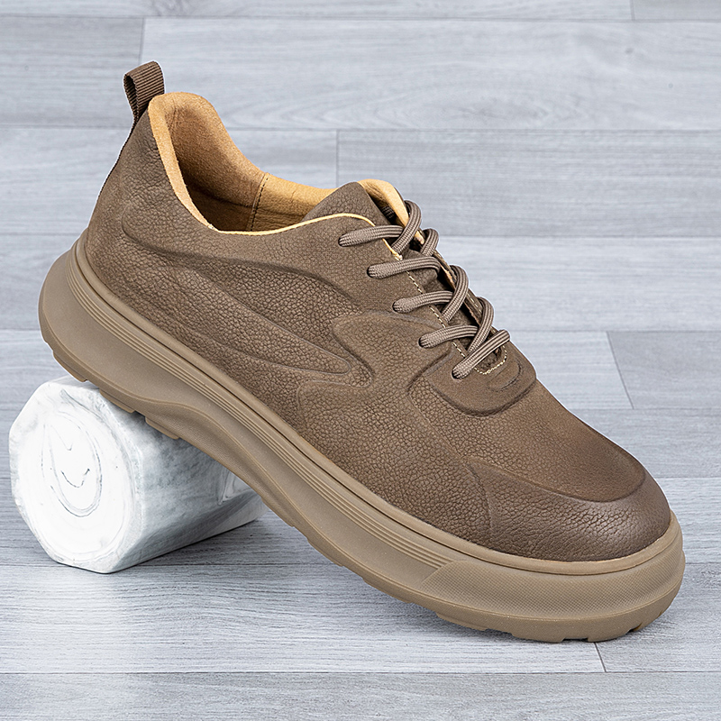 真皮男鞋头层牛皮卡其色复古风镂空打孔透气厚底磨砂皮系带休闲鞋