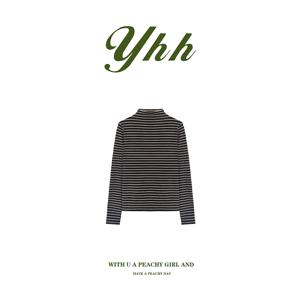 【余欢欢】冬季时尚百搭休闲半高领条纹打底T恤-YHW51218