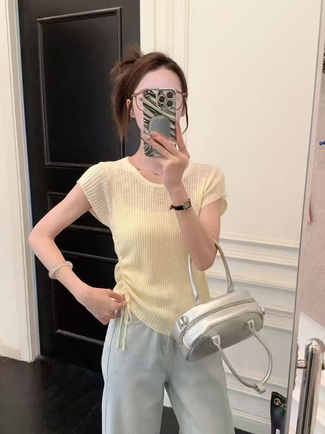 夏季新款短袖T恤冰丝针织衫女休闲抽绳收腰显瘦修身黄色上衣女款