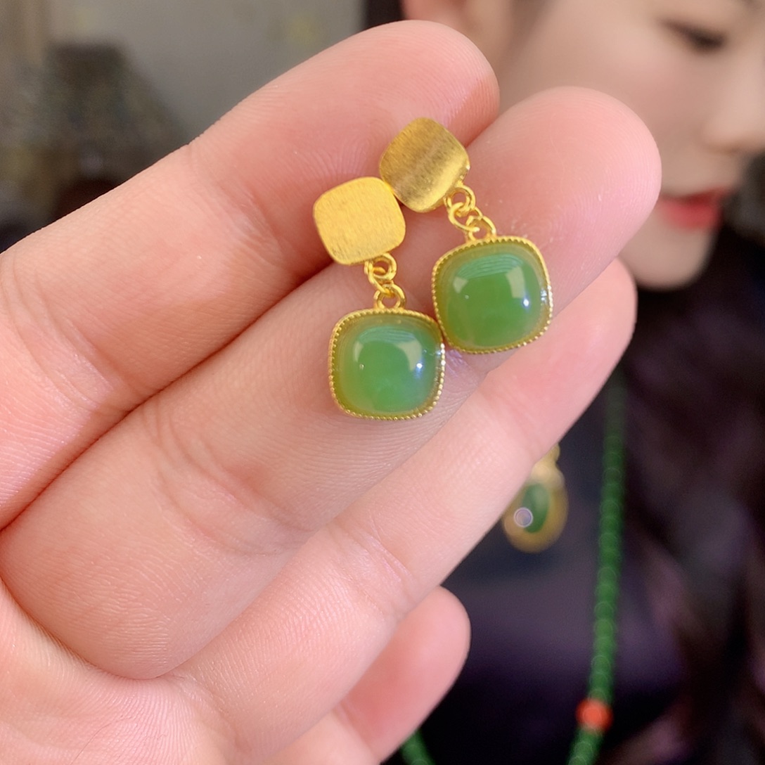 吊坠(不含链)银S925镶嵌和田玉（碧玉）耳饰