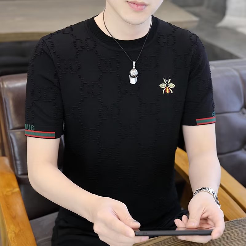 夏季薄款冰丝短袖t恤男潮牌3D刺绣针织半袖夏装上衣高端男士体恤