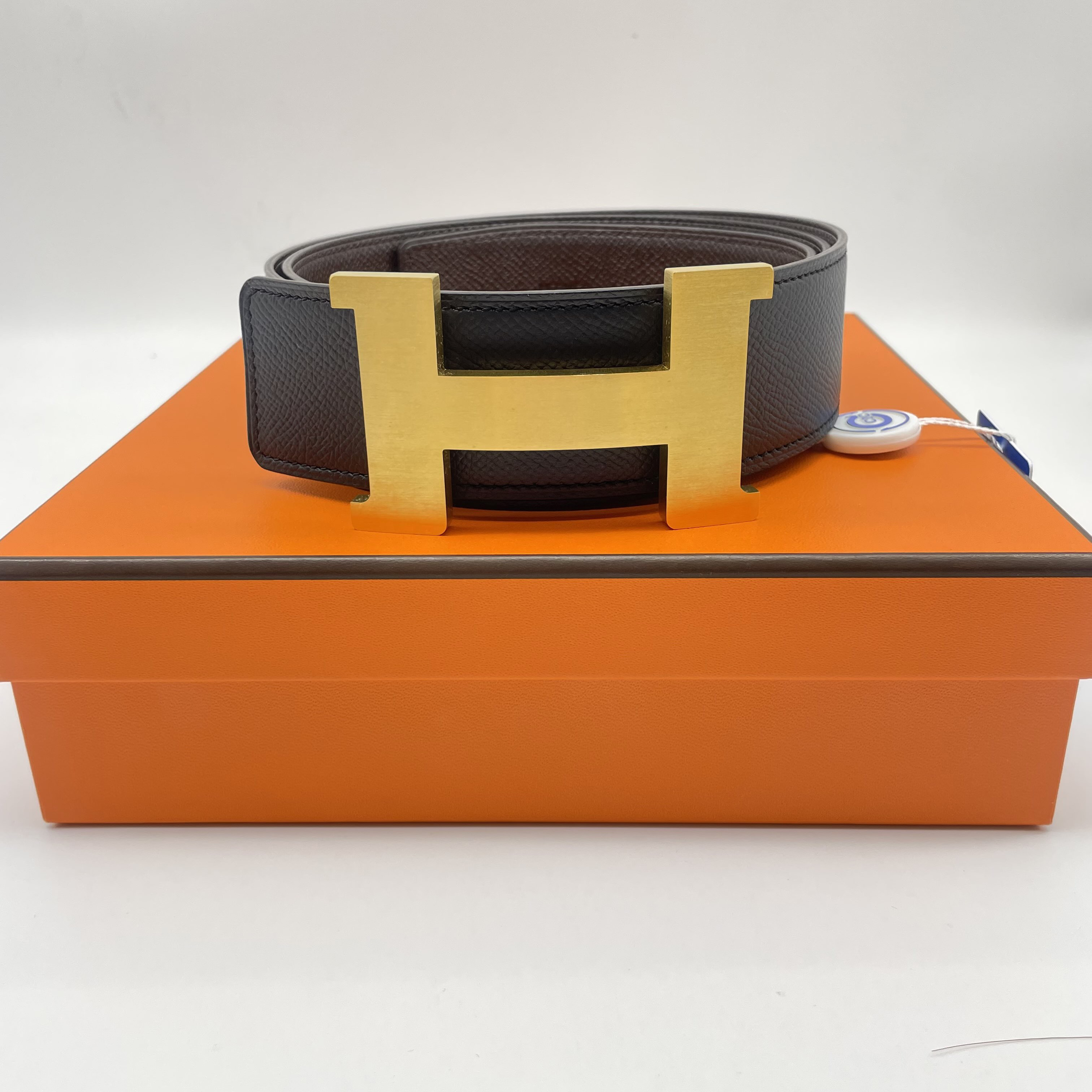 99新 Hermes/爱马仕 95码拉丝金扣荔枝纹双面腰带16544704