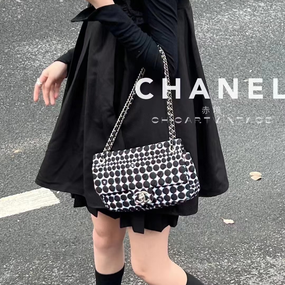95新 Chanel/香奈儿 4576 黑白配色银扣幻影波点cf口盖单肩包14