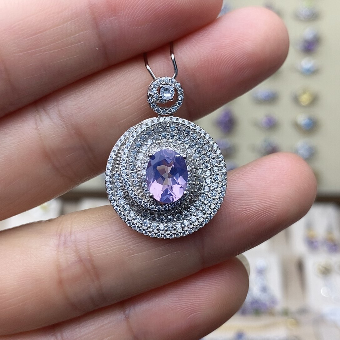 水晶吊坠(不含链)银S925镶嵌紫玉晶吊坠一物一证