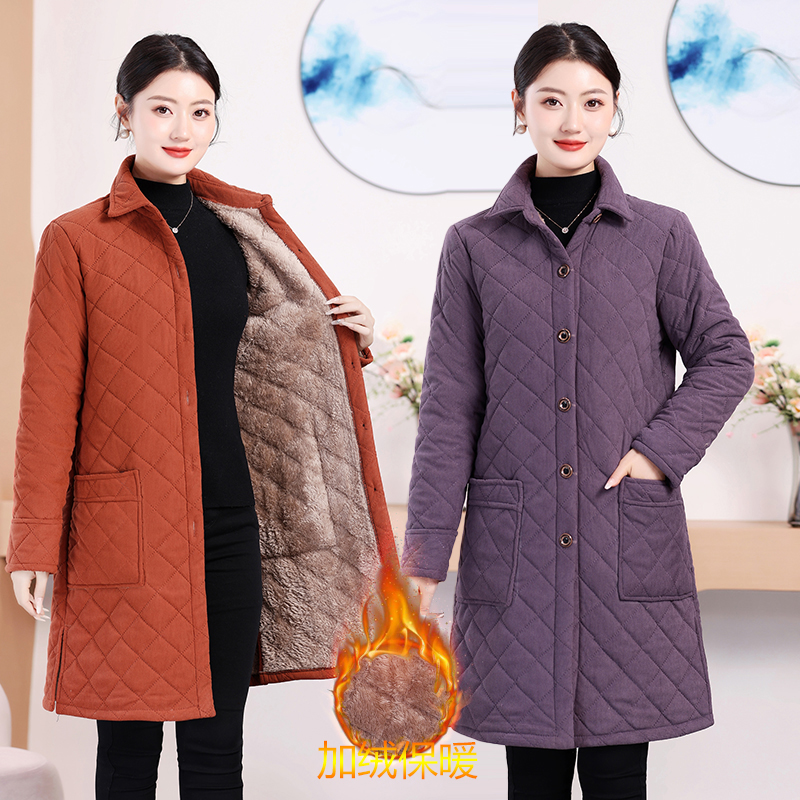 中长款外套女时尚冬季新款妈妈装棉衣宽松休闲衬衫领纯色加绒风衣