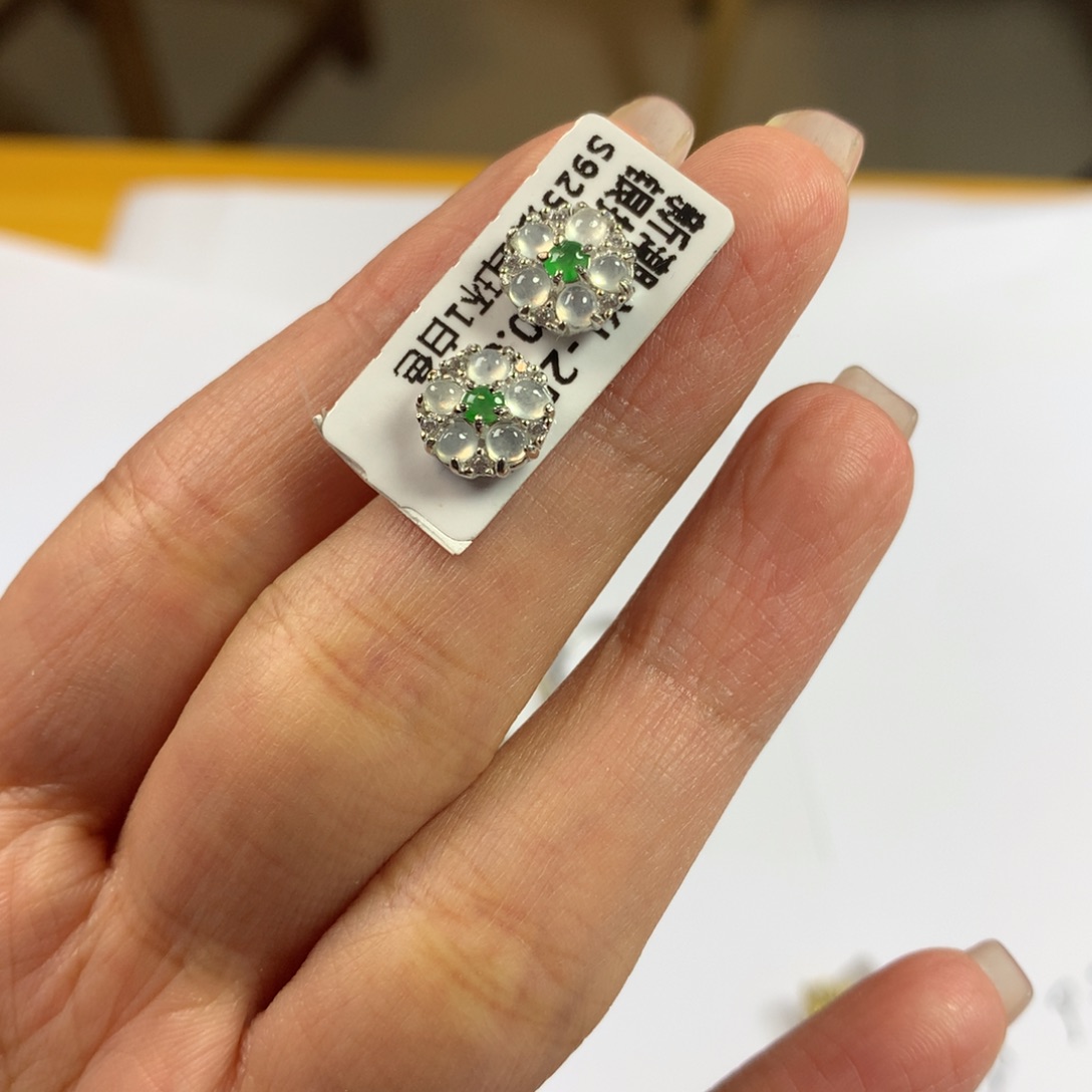 翡翠银S925镶嵌戒指耳钉