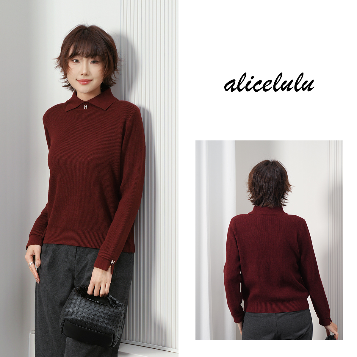 alicelulu 日常美学.翻领假两件纯色针织衫 时尚显瘦 S1035705U