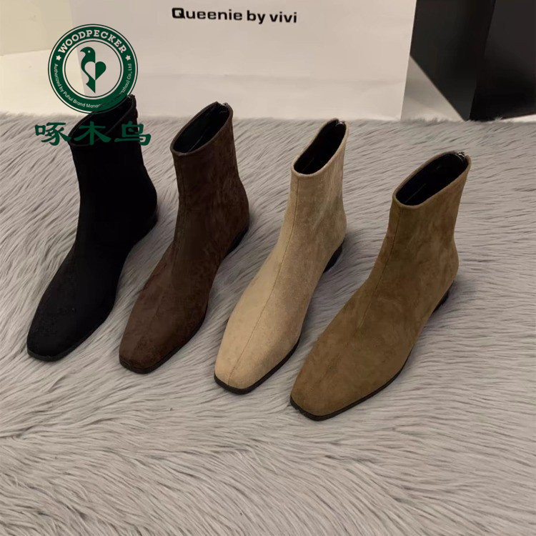 啄木鸟高级感复古方头小短靴女2025秋冬单靴瘦瘦靴法式绒面小踝靴