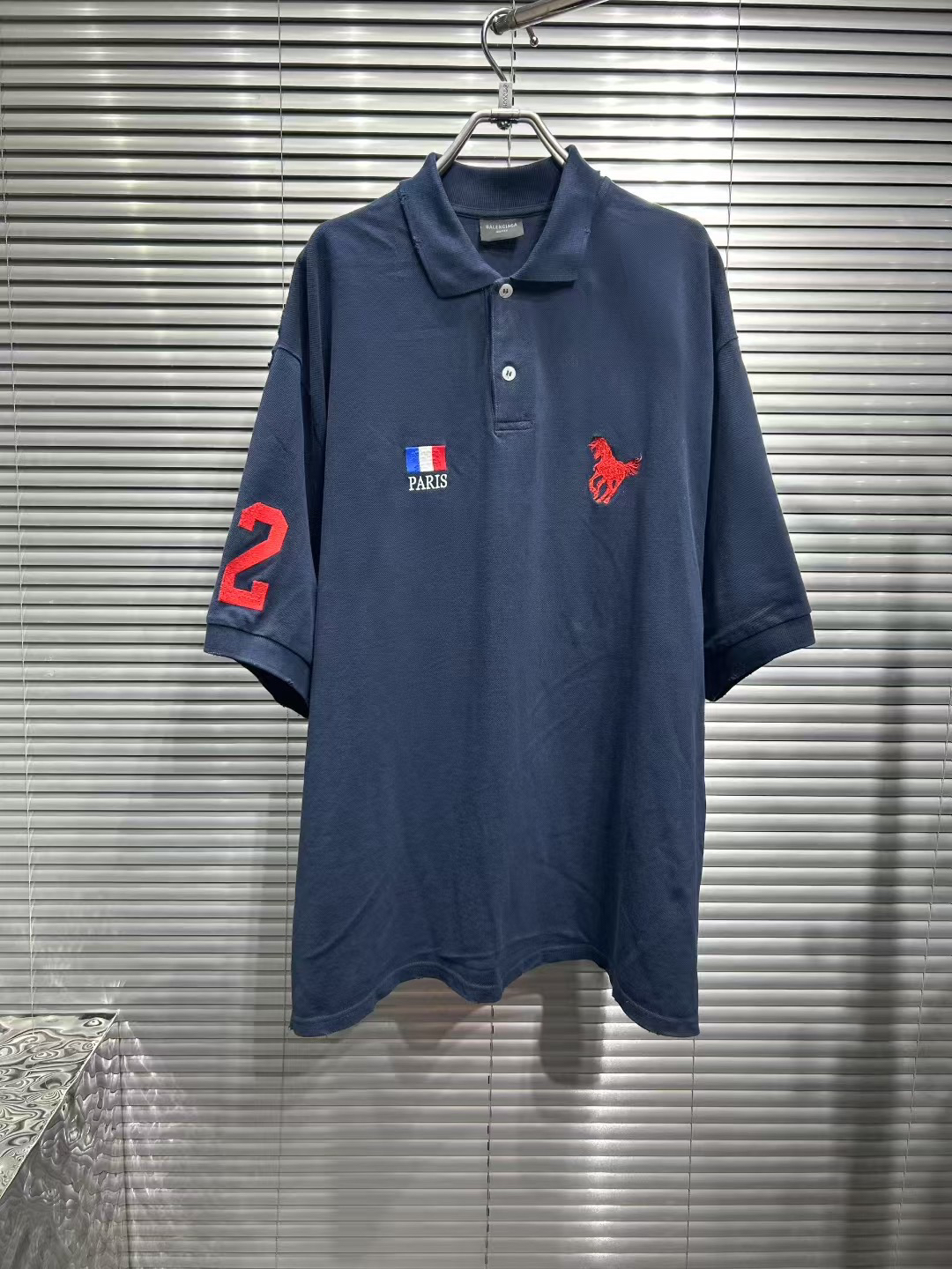 未使用 Balenciaga/巴黎世家 战马藏青色海军蓝短袖破坏polo衫1号
