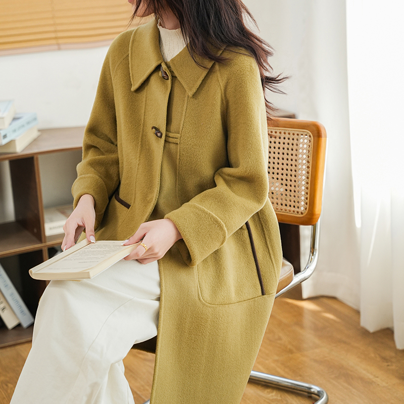 100%纯羊毛【hanziqiu/韩紫秋】双面羊毛大衣长款拼接复古秋冬大衣