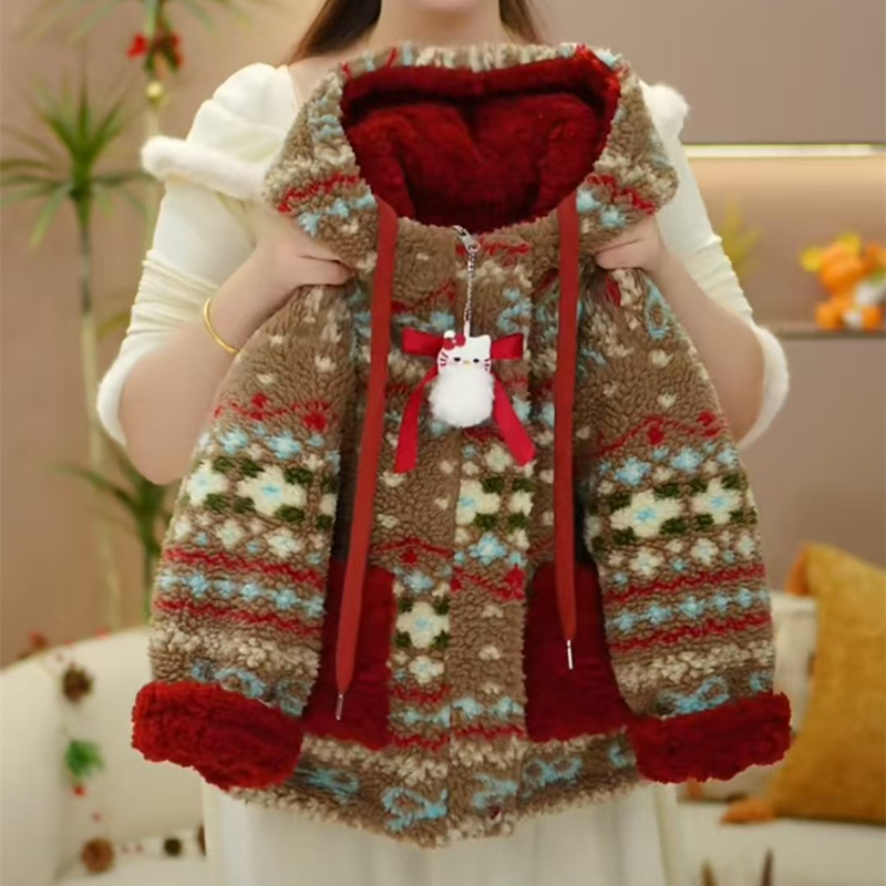女童冬季新款加绒加厚羊羔毛新年装连帽外套女宝宝冬装圣诞亲子装