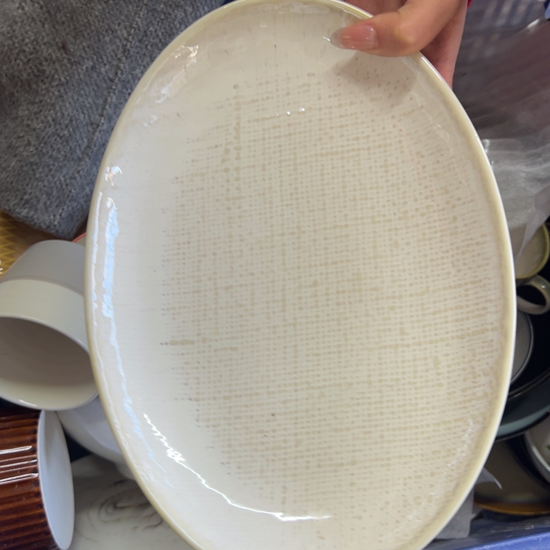 满***子新骨瓷 008瑕疵慎拍洛娃白麻布纹11 寸椭圆鱼盘
