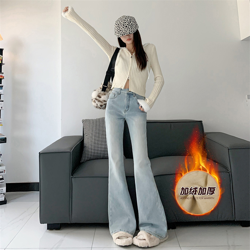 亦声水洗蓝加绒微喇牛仔裤女冬季新款高腰修身显瘦弹力马蹄裤TY