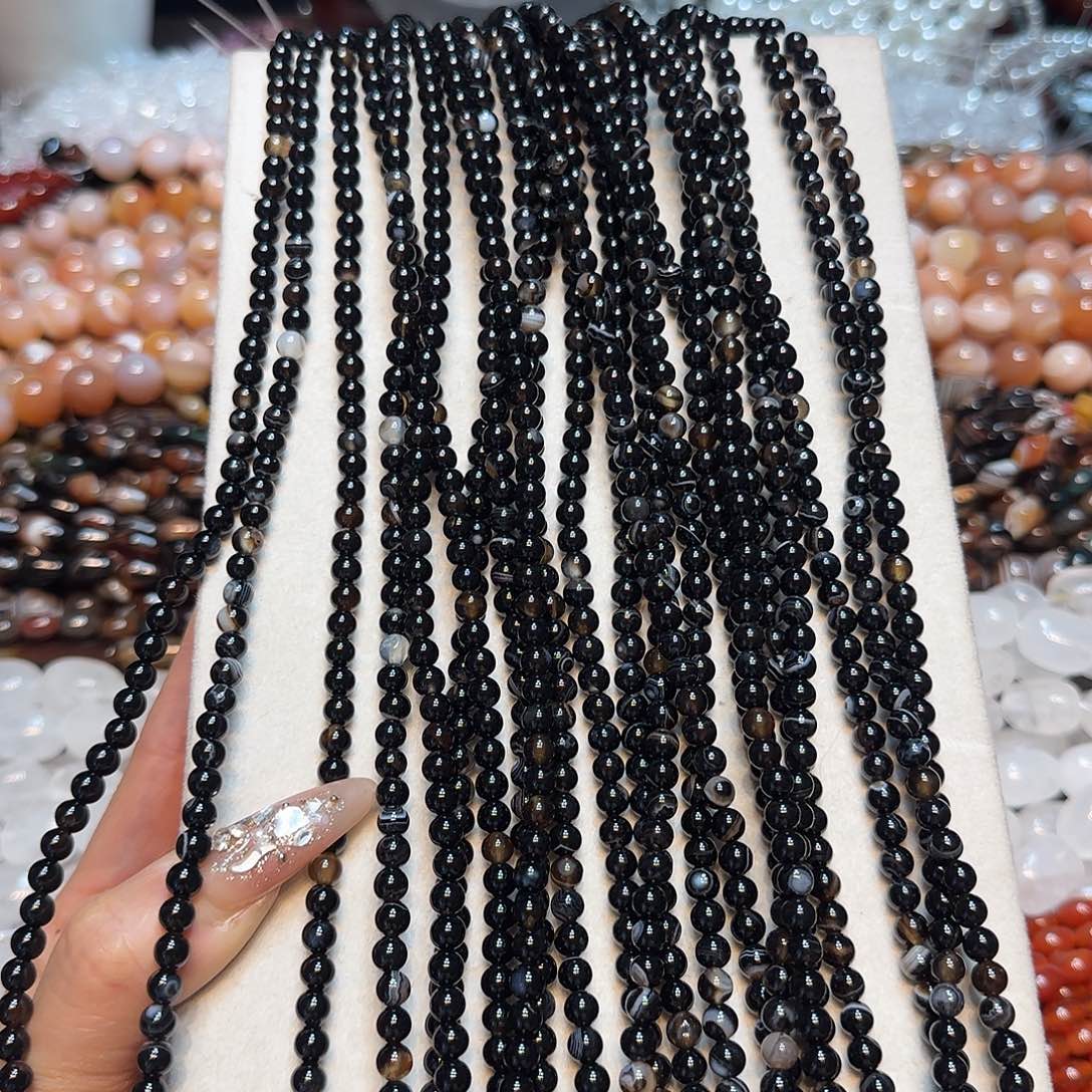 玛瑙/玉髓未镶嵌珠宝半成品5mm黑玛瑙到手2条