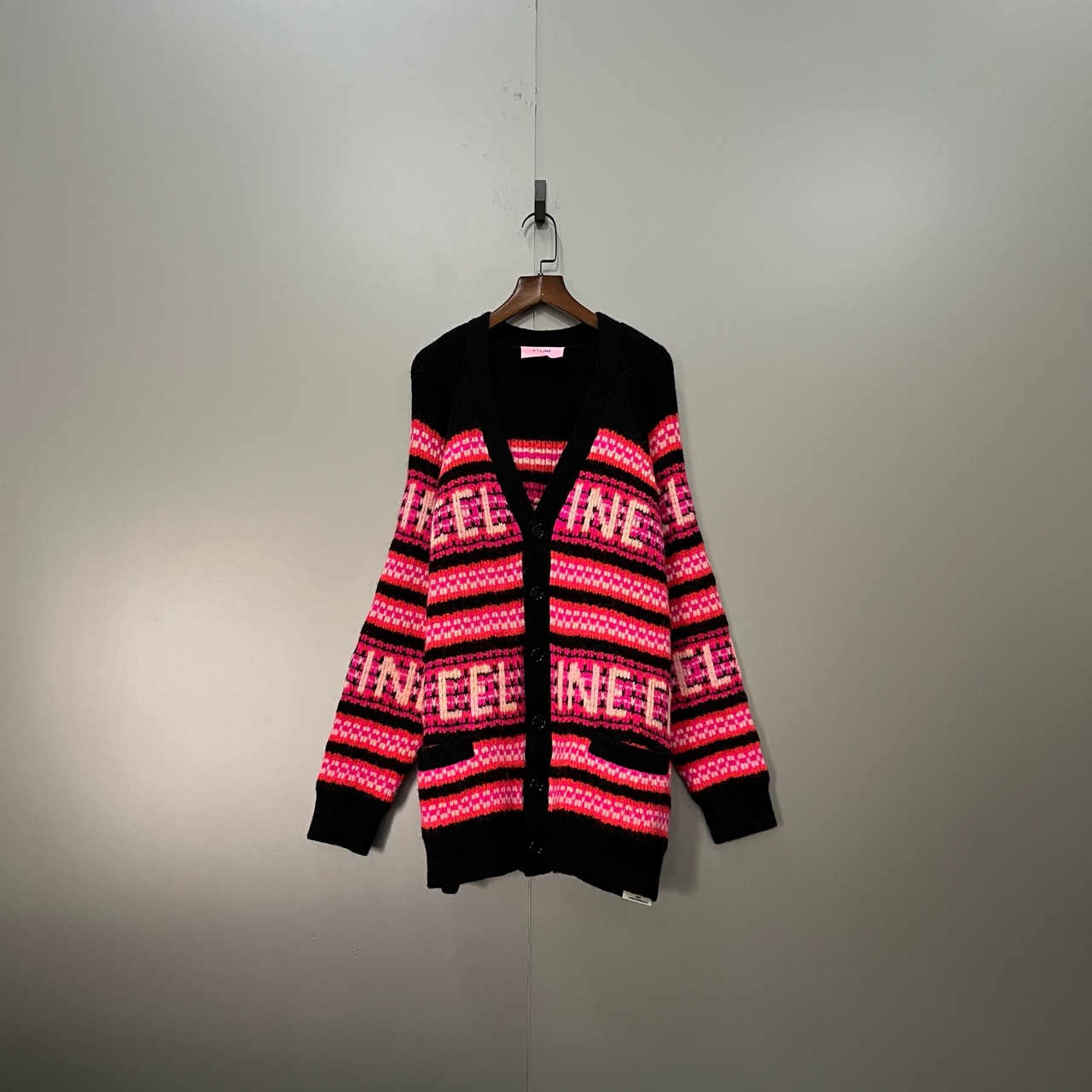 95新 Celine/思琳 jp1231 拼色条纹印花logo针织开衫 L码 004992