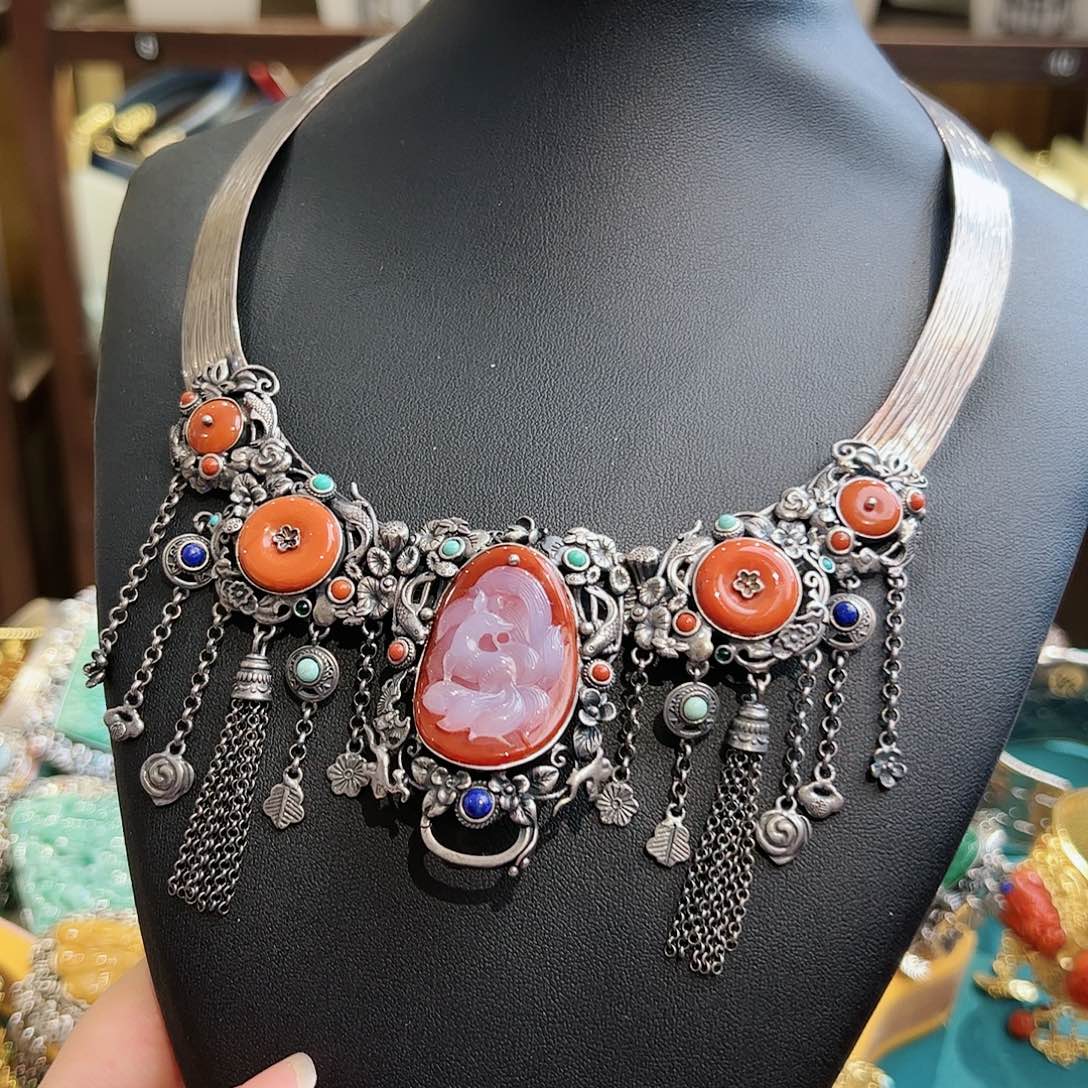 玛瑙项圈银S925镶嵌古风