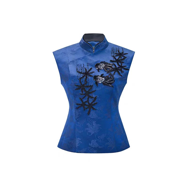 M essential  设计师品牌 海青提花 工纺鱼藻纹立体钉珠 马甲