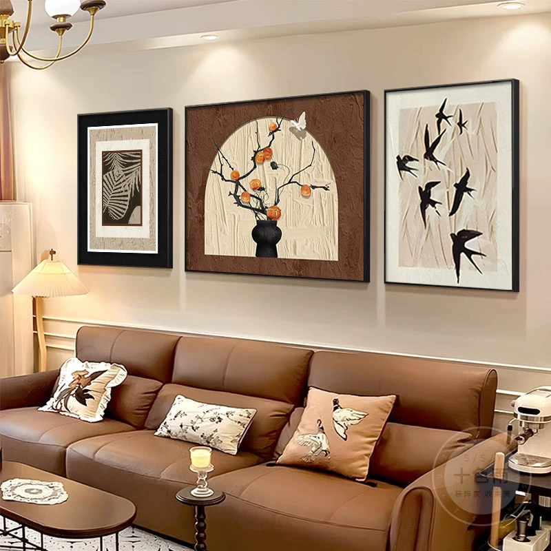 真风客厅柿柿如意装饰画高级感A沙发背景墙挂画复古艺术三联壁.