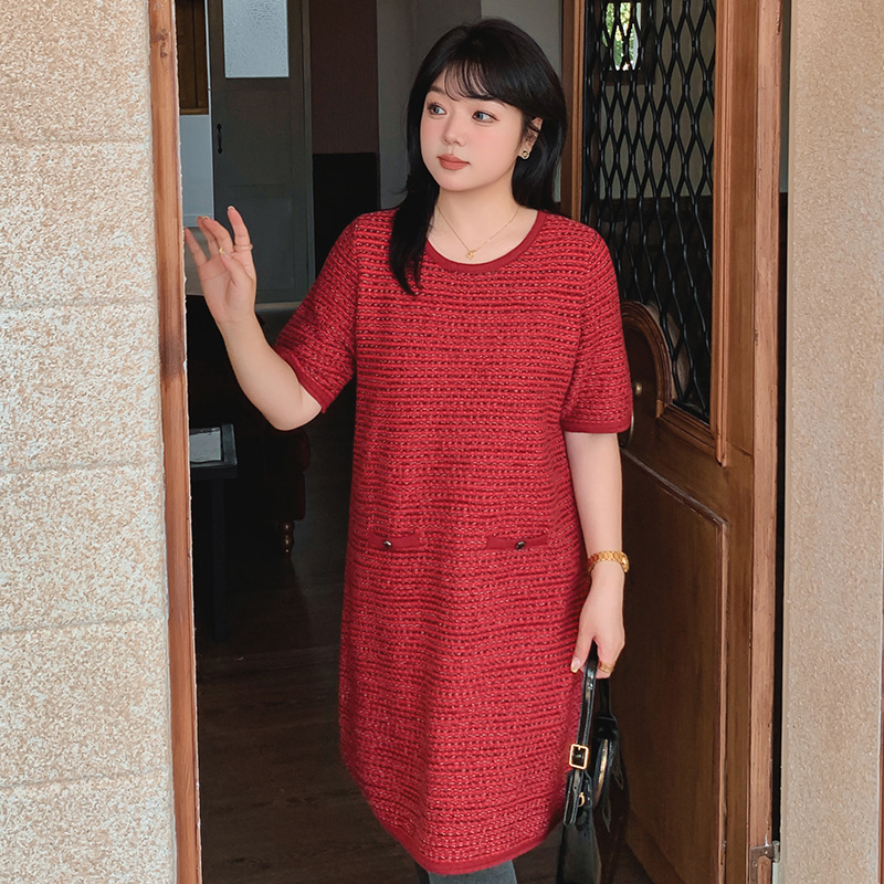 大码女装气质小香连衣裙2024冬胖mm宽松直筒裙女短袖针织裙22798
