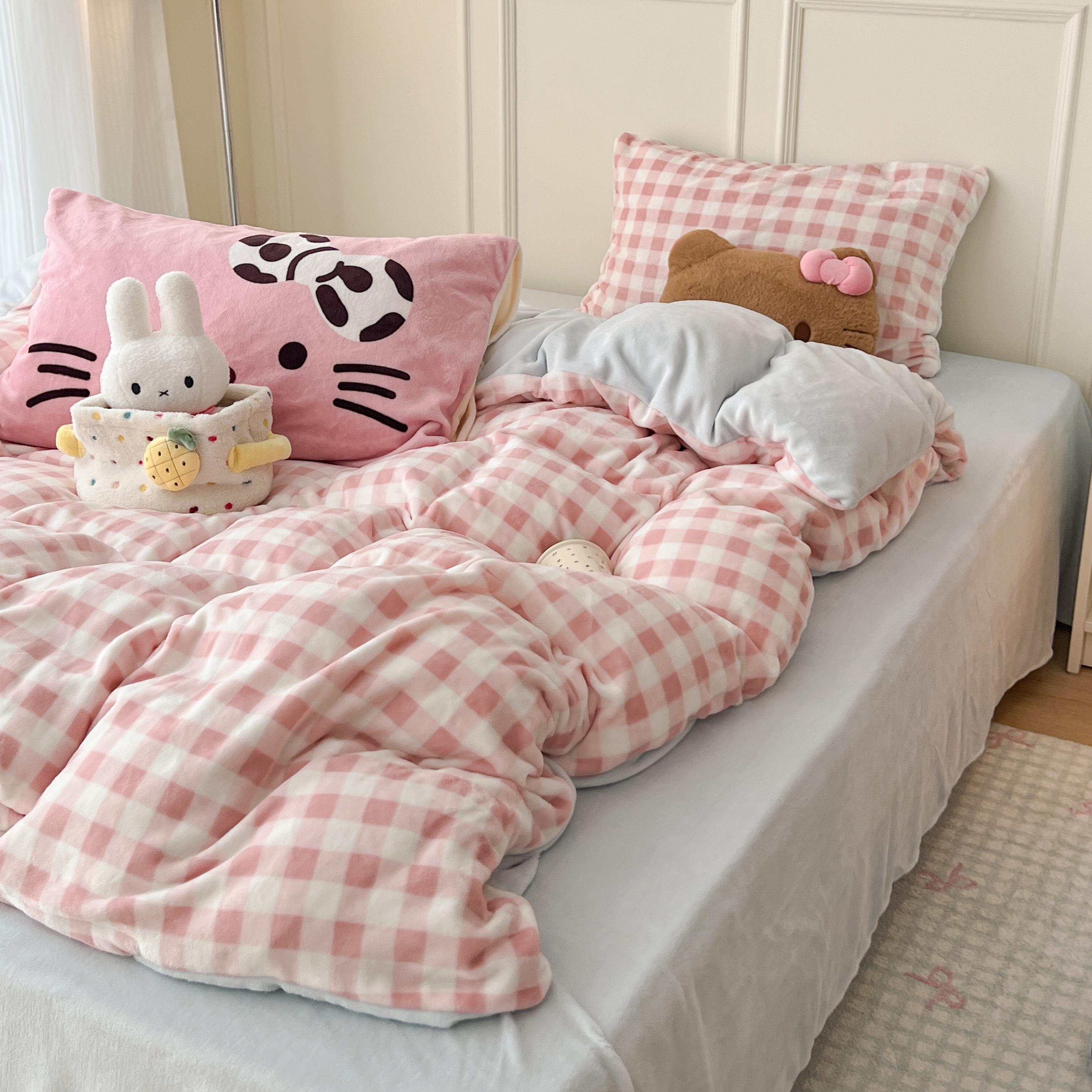 适禾家冬季保暖纯色混搭款牛奶绒加厚四件套简约亲肤舒适