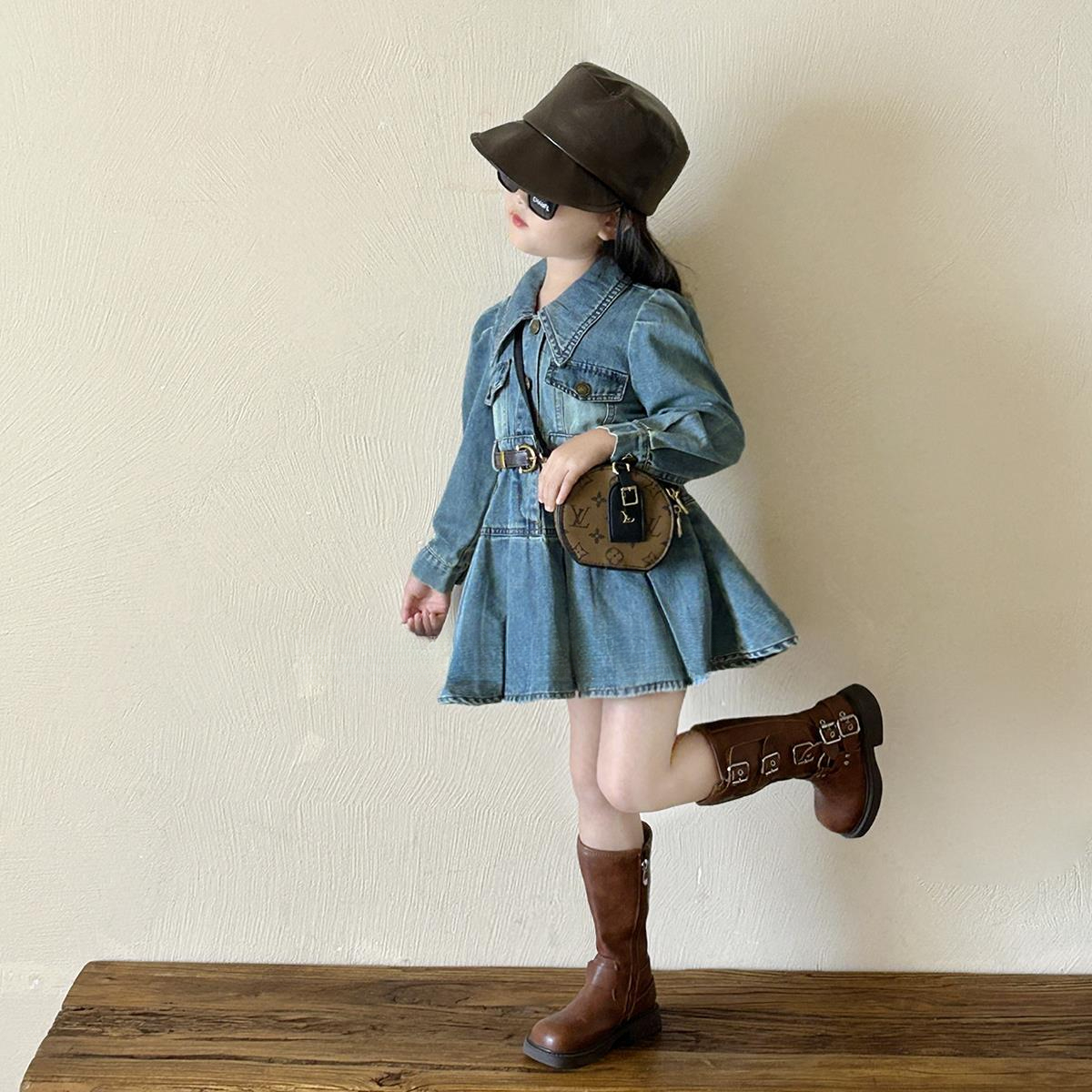 女童复古风牛仔连衣裙2025秋季新款儿童polo领长袖百褶A字裙