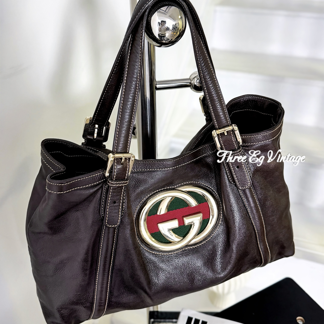 95新 GUCCI/古驰 复古巧克力棕双G彩带单肩托特包/ThreeEg中古