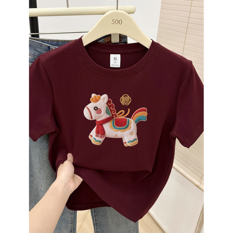 小马印花圆领正肩短袖t恤女2026新款胖mm大码穿搭洋气遮肚子上衣