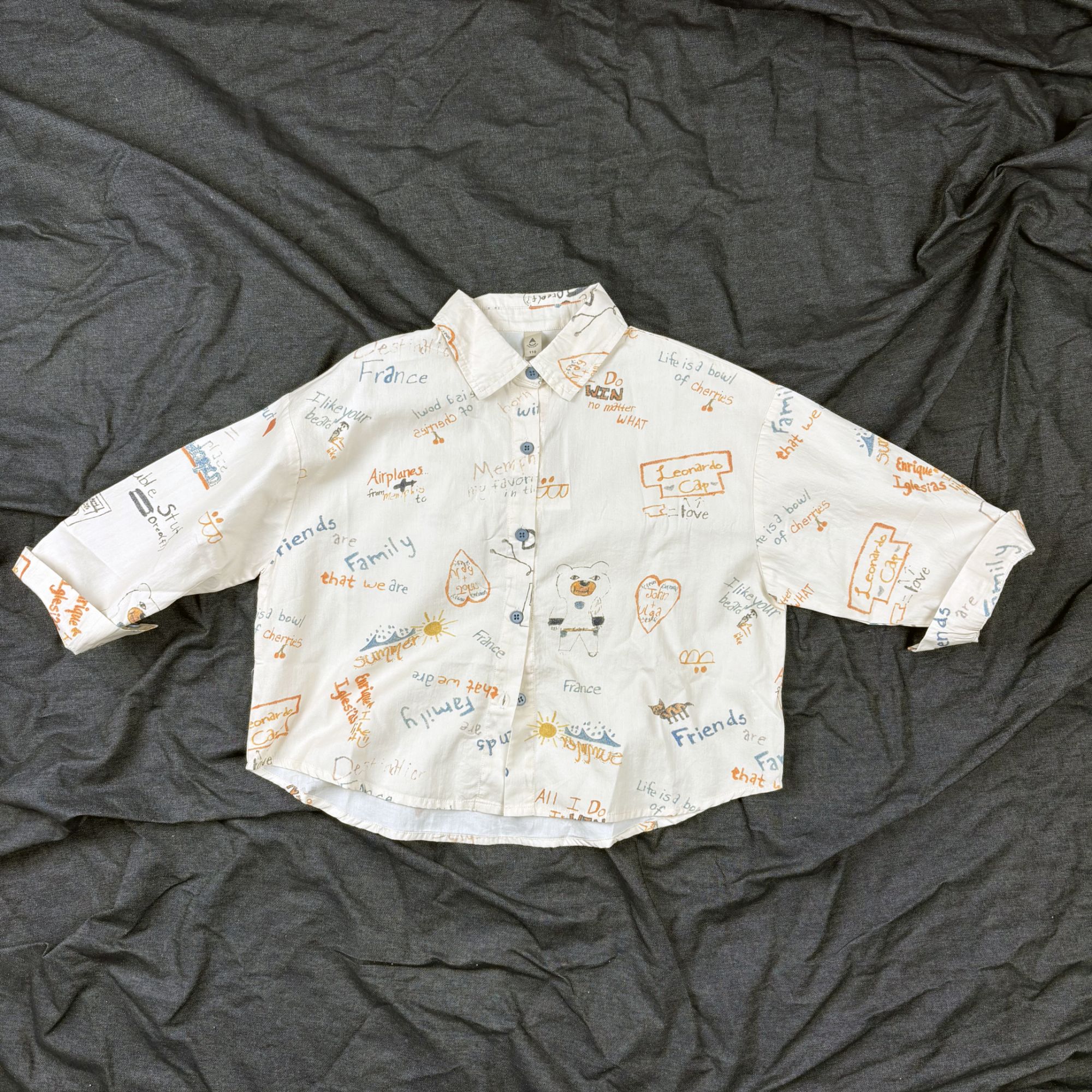 长袖上衣翻领尖领童装白色印花夏款男休闲卡通衬衫春秋字母韩版