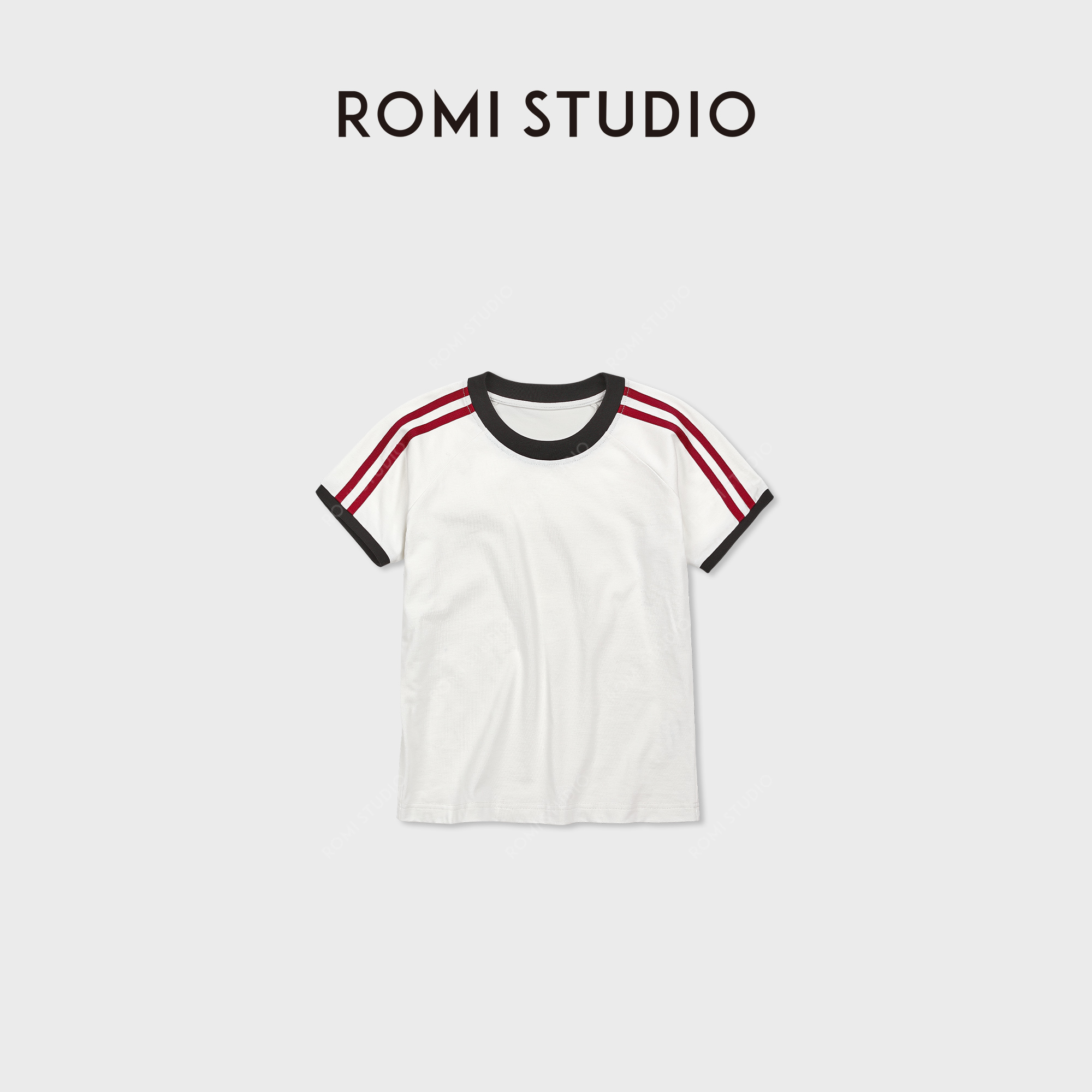 ROMI STUDIO“运动休闲”舒适纯棉撞色红条纹插肩短袖T恤RWDSS62403