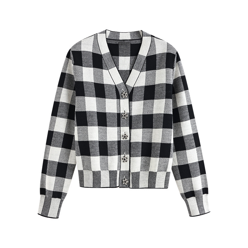 新款v领长袖格子针织开衫女气质减龄休闲时尚拼接上衣1454
