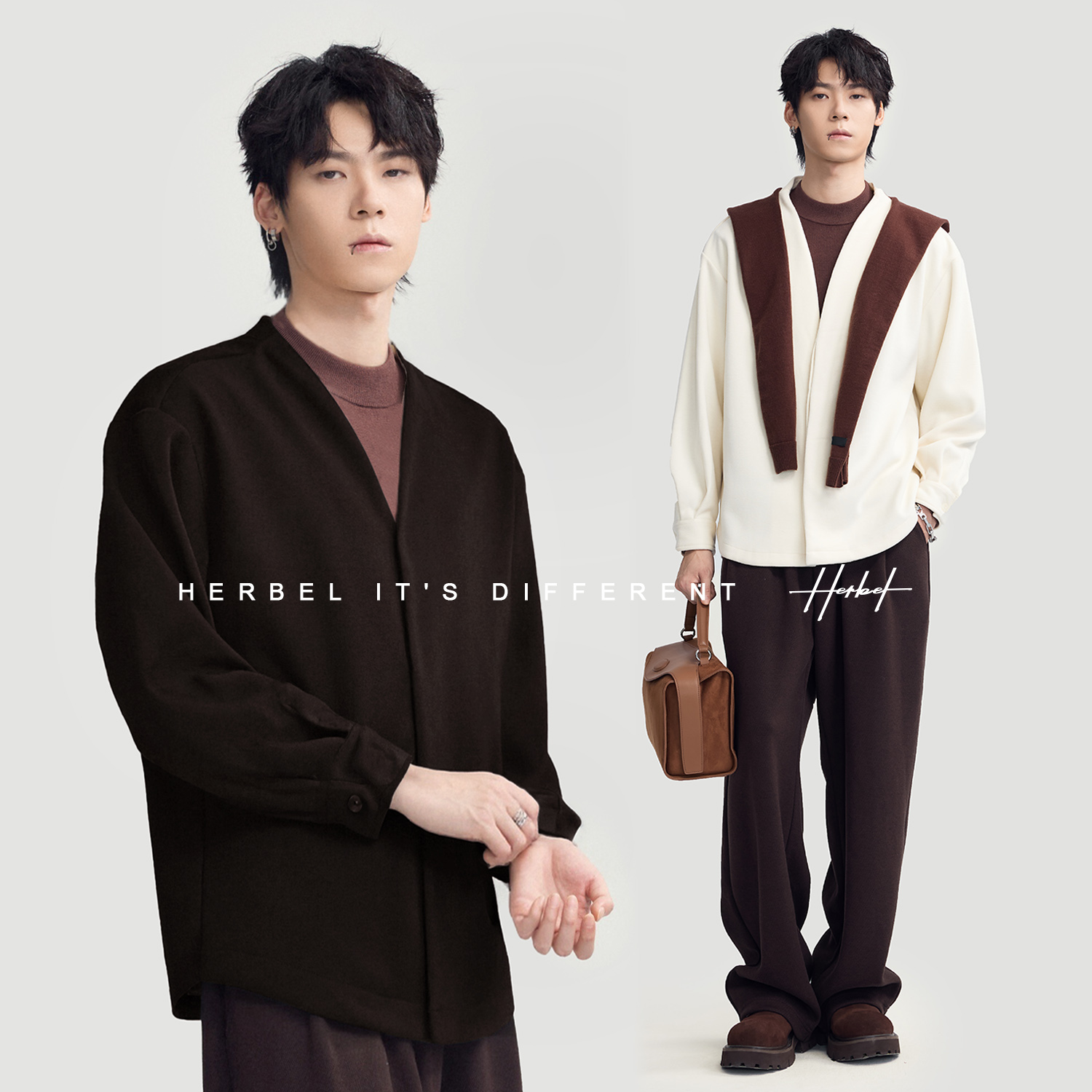 HERBEL/黑白2025秋季男士醋酸松弛感衬衫外套 羊日系潮风男士衬衫