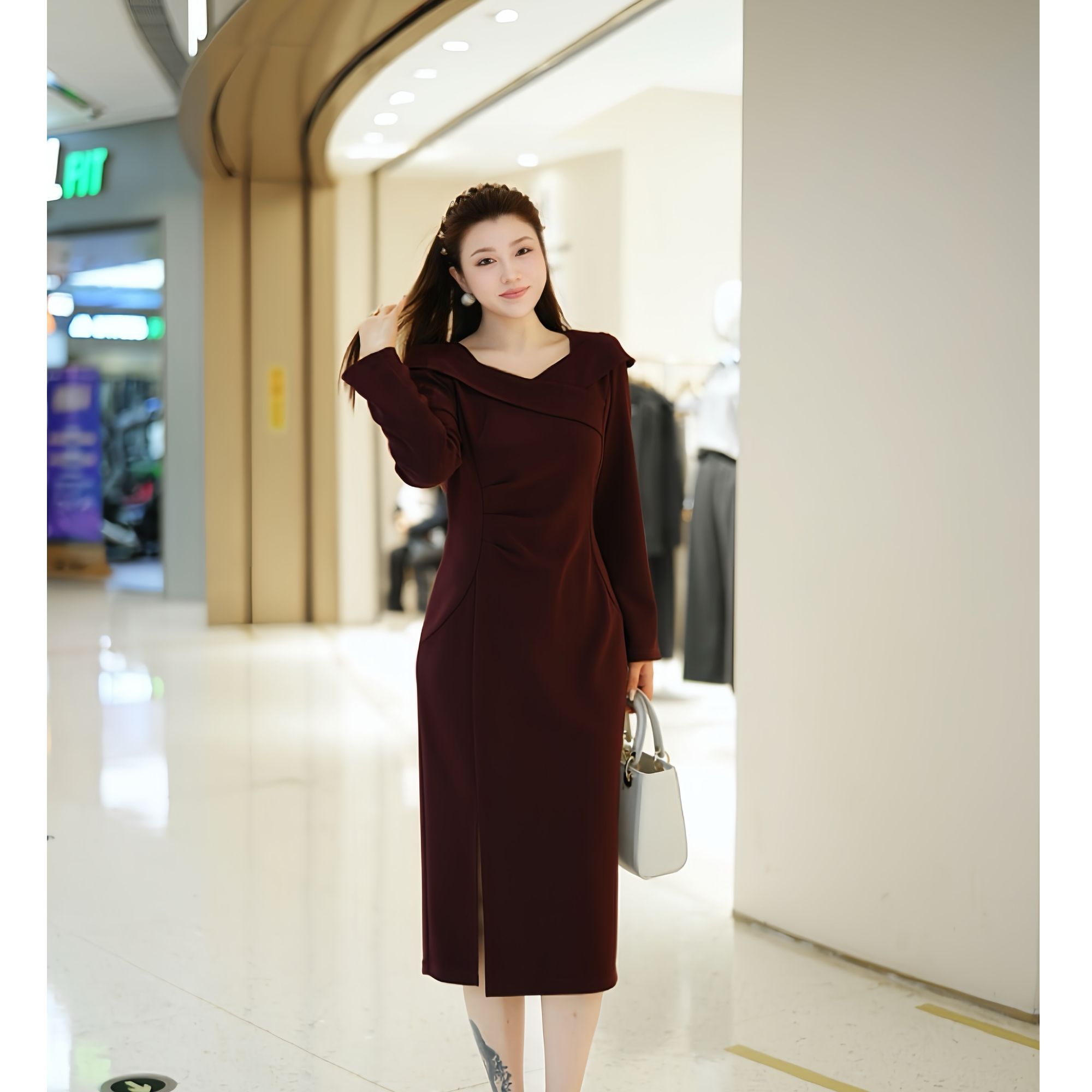 XYD71775秋冬加绒厚款法式优雅中长款大码连衣裙知性温柔大码女装