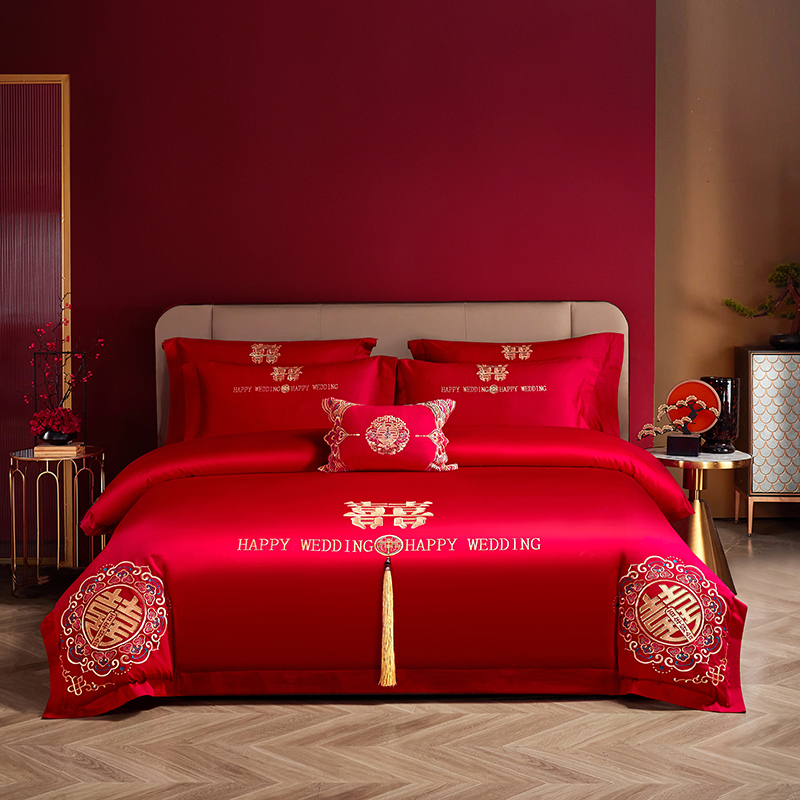 2025新款全棉80S大红色结婚婚庆四件套床单款纯棉陪嫁被套高档