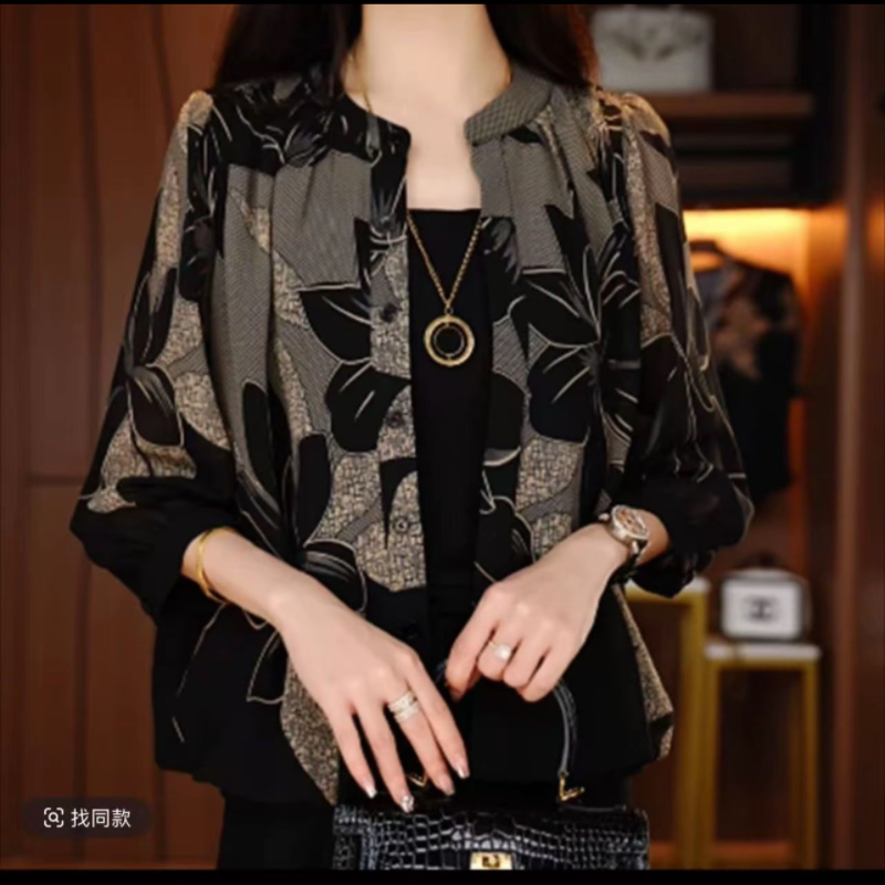 百搭圆领印花休闲风开衫衬衫灯笼袖修身款碎花女款上衣