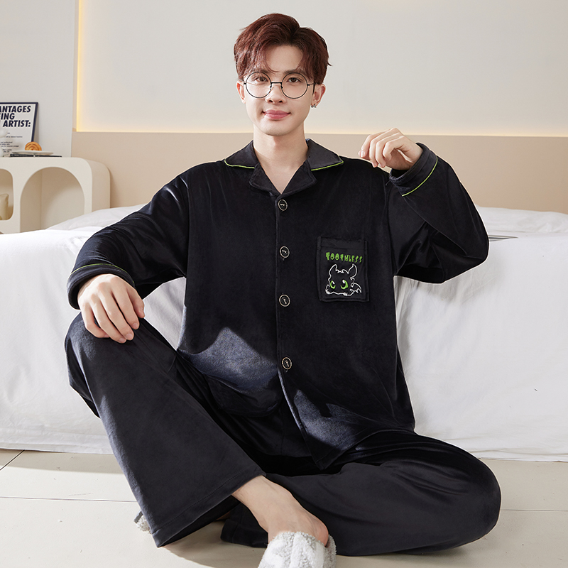 厚款加绒男士睡衣保暖长袖长裤冬季简约翻领海岛绒春秋家居服套装