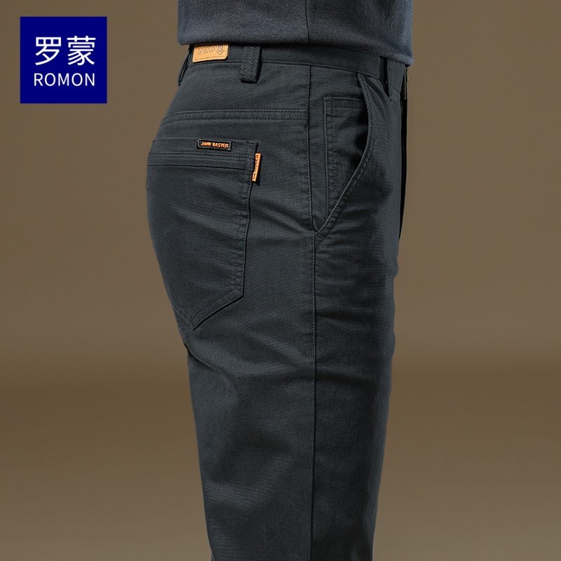 罗蒙高端黑色休闲裤男秋冬季修身直筒加绒加厚款男士商务百搭西裤