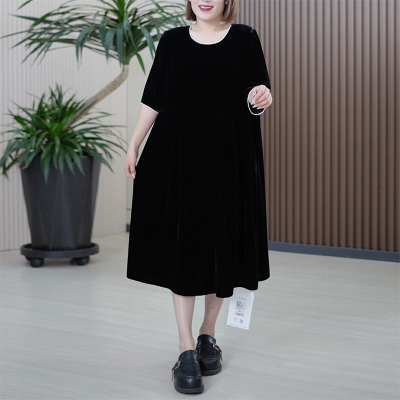 真丝桑蚕丝连衣裙珍珠包边轻奢重磅气质丝绒秋季复古大码中长裙