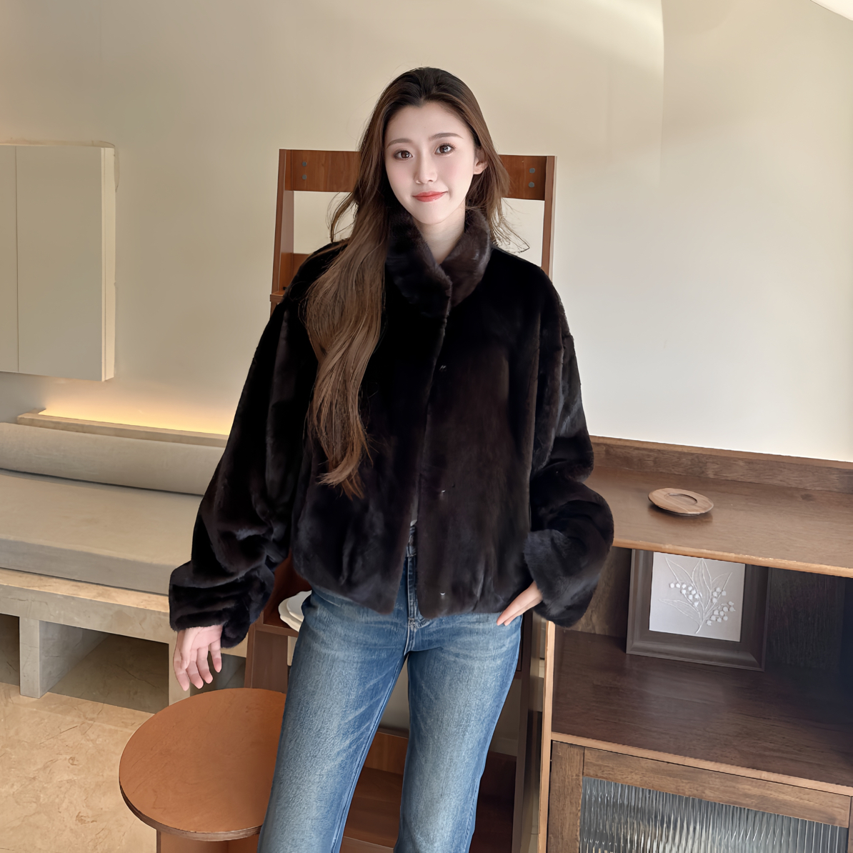 新款 金牌宝嘉美 小立领 水貂皮草外套 衣长55cm