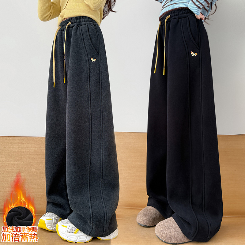女童加绒裤子2025新款洋气加厚一体绒宽松直筒阔腿休闲裤女大童潮