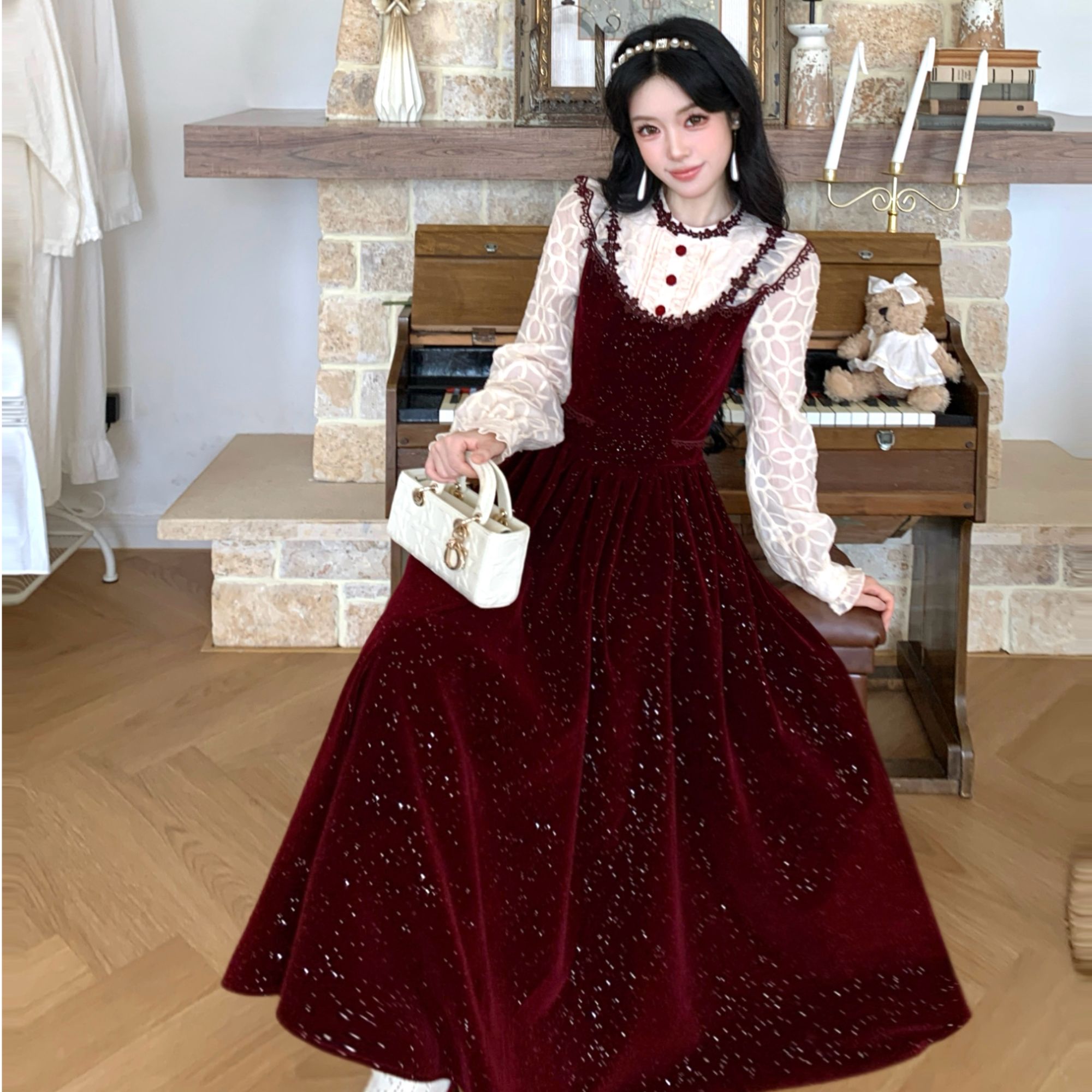 Blovelan绯夜星辰 法式宫廷风绝美质感细闪收腰长袖礼服连衣裙