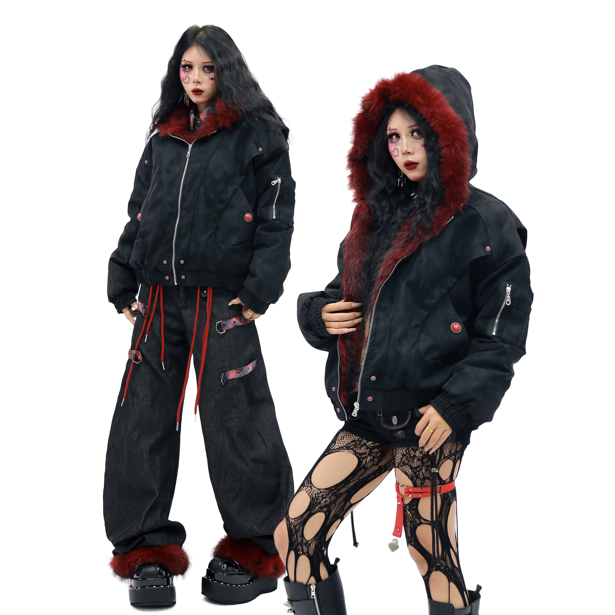 NANAICHILLI 红色毛领座山雕连帽棉服冬季PU皮加厚宽松暗黑外套2