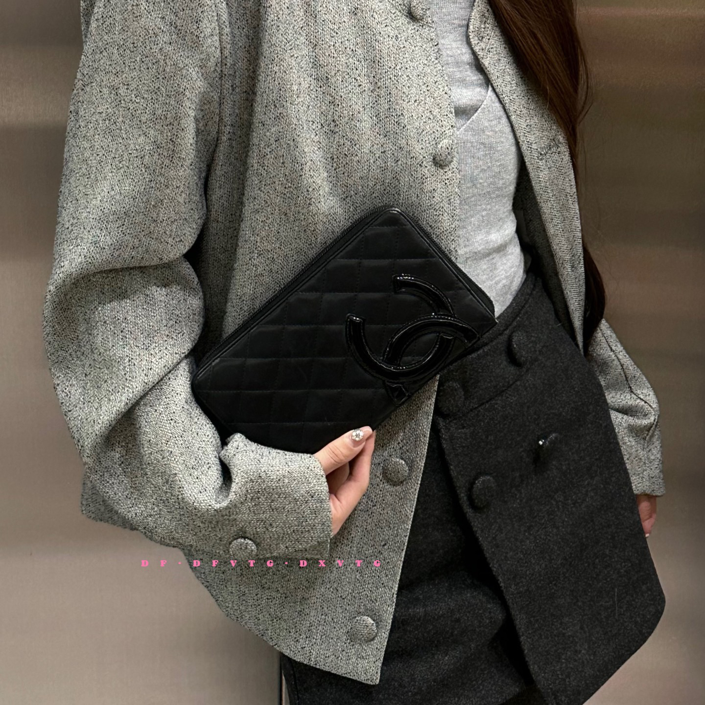 95新 Chanel/香奈儿 chanel 黑色康鹏大号手拿包（可配链条