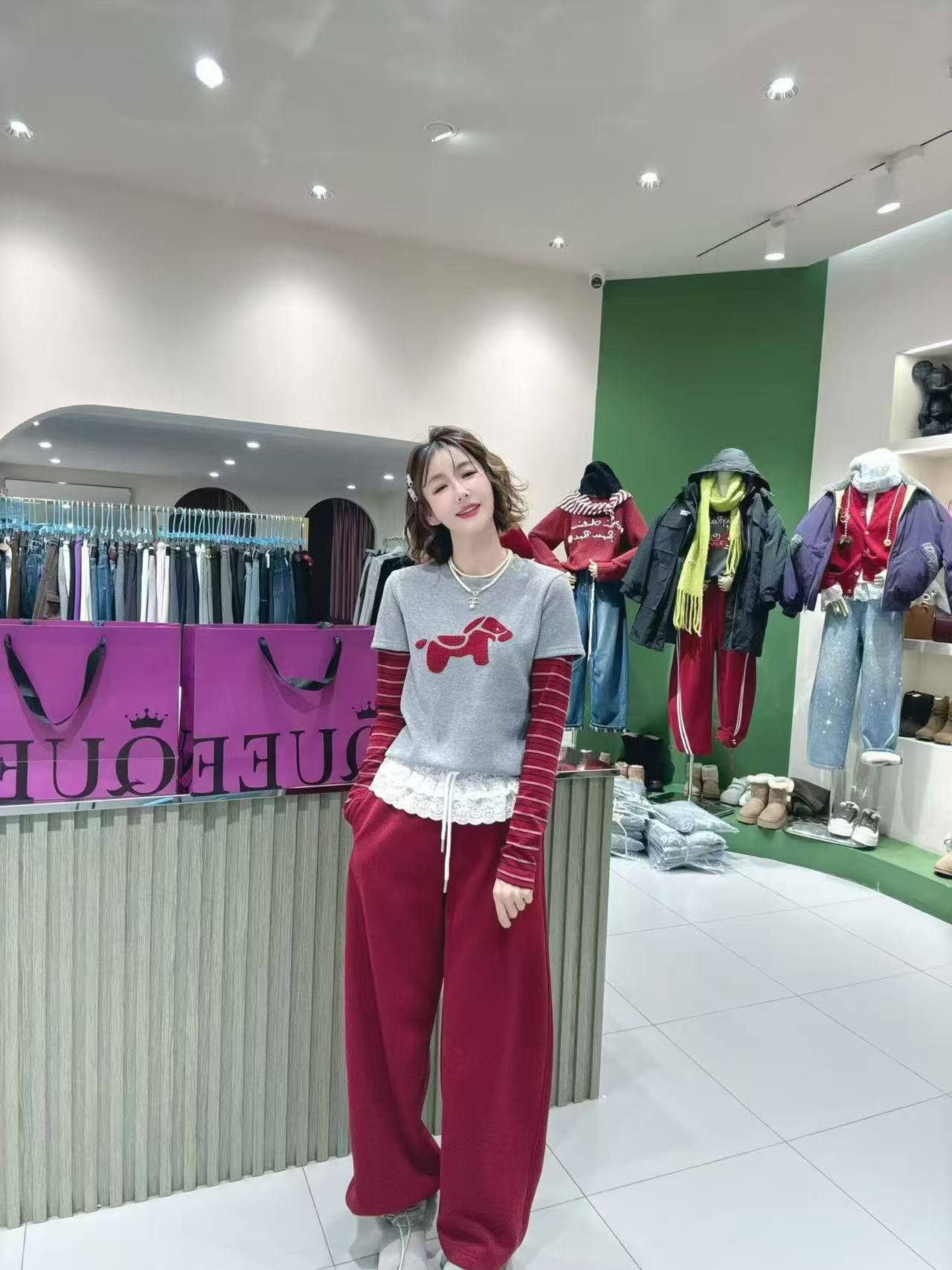 女皇【冬季韩版拼接蕾丝长裤加绒常规休闲】卫裤