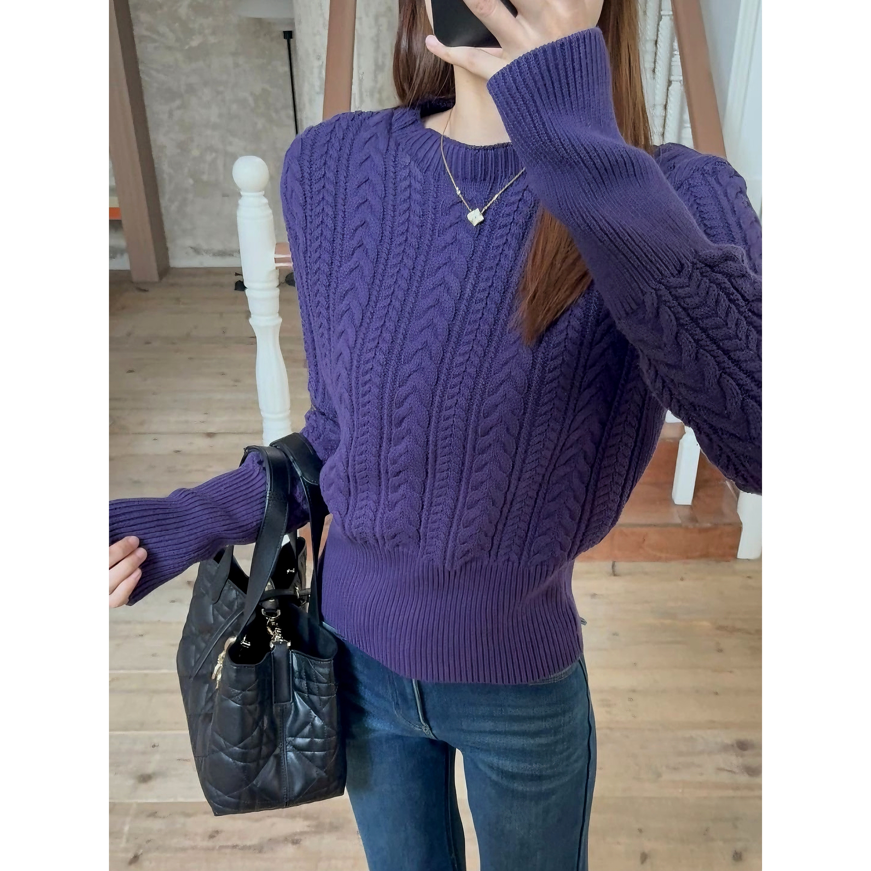 【心动紫】 加长麻花小立领收腰厚款毛针织衫 25441