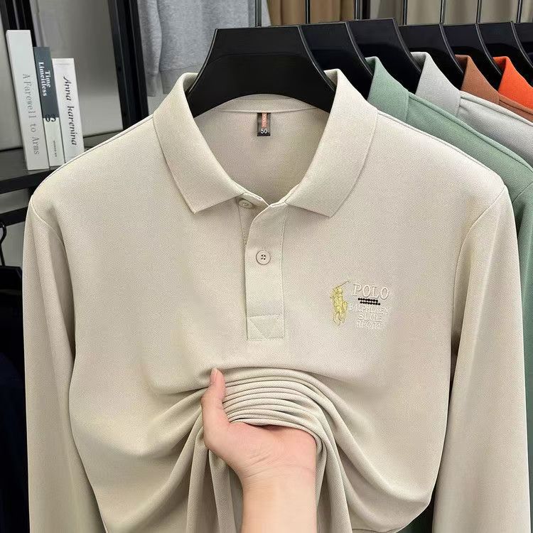 男装刺绣polo衫翻领长袖打底衫秋款休闲男士潮流上衣刺绣字母宽松