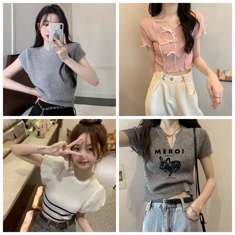 韵 高腰修身露脐辣妹短款小个子短袖针织上衣百搭薄款显瘦气质