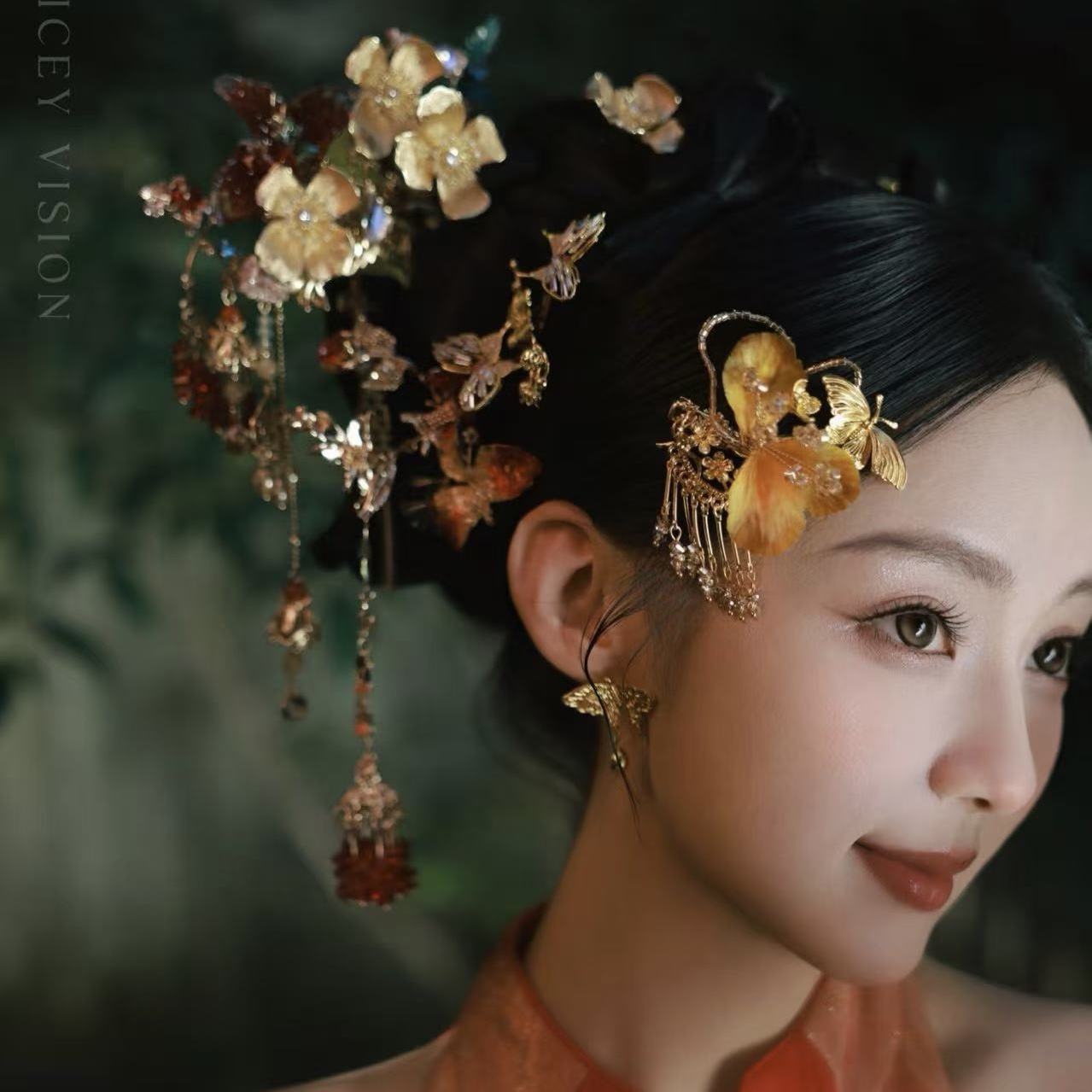 ETE ST2-12790金色蝴蝶绒花发夹中式新娘秀禾头饰龙凤褂配饰
